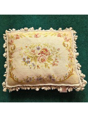 Vintage Katha Diddel Needlepoint Wool Floral Throw Pillow W/ Tassels 21" x 17"
